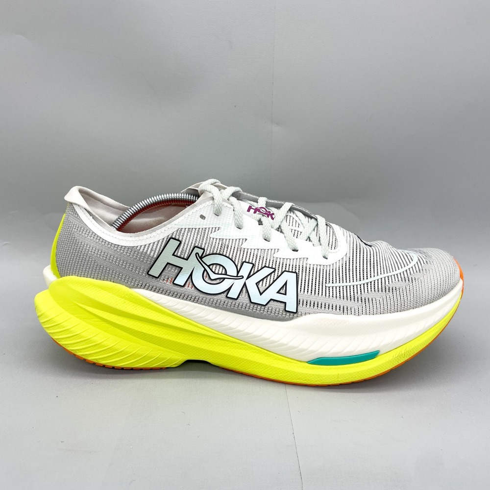 Hoka Men's Running Shoe White Gray Neon Yellow with Teal Accent